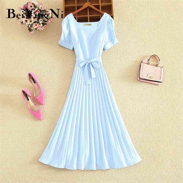 Vintage Retro Plissee Kleid Schärpen Kurzarm Plain Koreanische Elegante Sommer High Street Casual Vestidos De Fiesta 210506