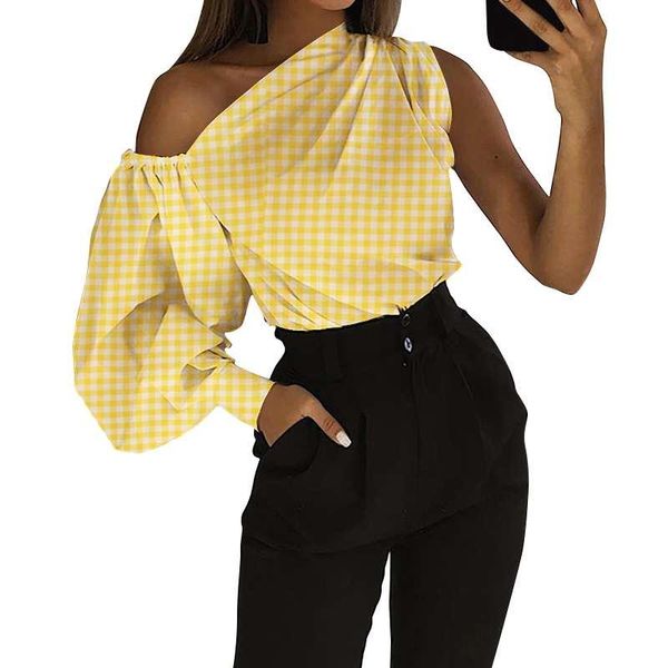 

women's blouses & shirts celmia asymmetric womens spring 2021 plaid print one off shoulder fashion lantern long sleeve casual blusas s, White