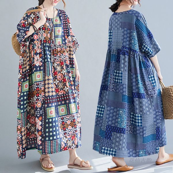 

summer 2021 women's retro print oversize loose dress slimming, Black;gray