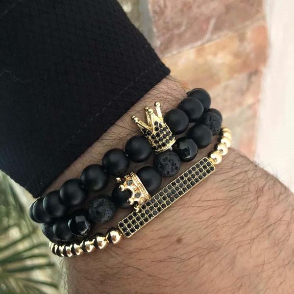 

link, chain 3pc/lot micro pave black cz zirconia gold king crown & bar charm bracelet sets men stone bead valentine women jewelry
