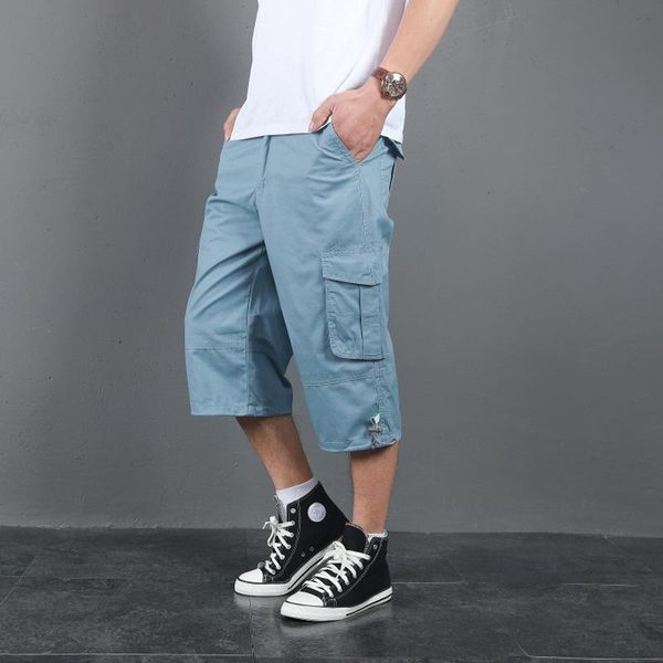 

summer men's baggy multi pocket cargo straight shorts breeches male long army green khaki mens loose 8 colors hip hop, White;black