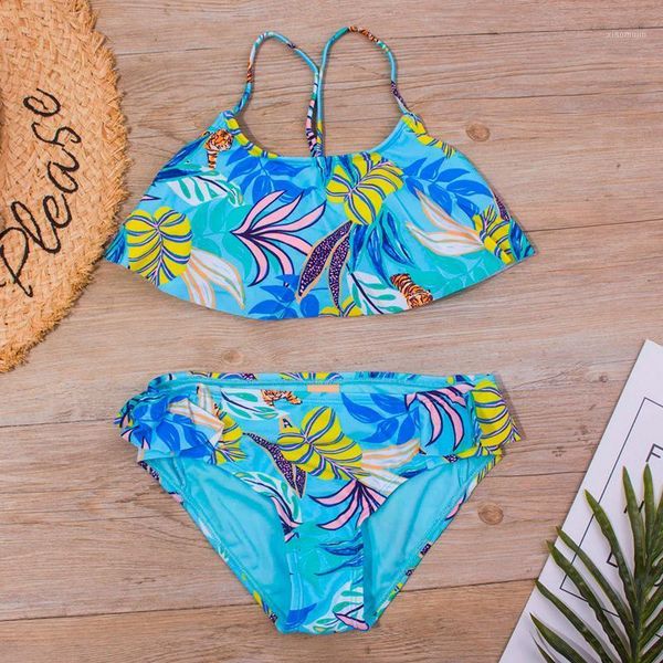 

one-pieces toddler girls kids swimsuit sling leaf printing teenage girl bikini set cute beach ruffle suit bathing suits swimwear e1, Black