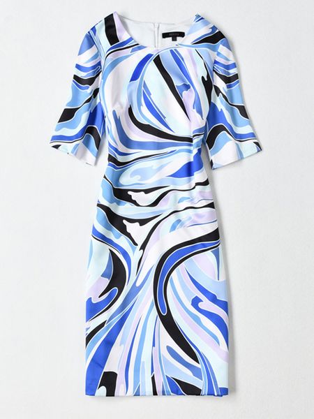 

wave print women sheath dress round neck short sleeve dresses, Black;gray