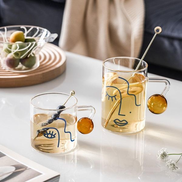 

wine glasses nordic art human face glass cup water bottle transparent milk tea coffee cups with spherical handle drinkware glassware