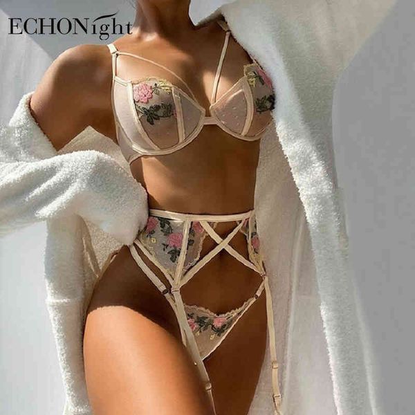 Echonight New Summer Outono Mulher Sexy Sexy Lace Out Wire Bra Thong Garters Suspender Três Pedações Conjuntos de Nightwear Lingerie X0526