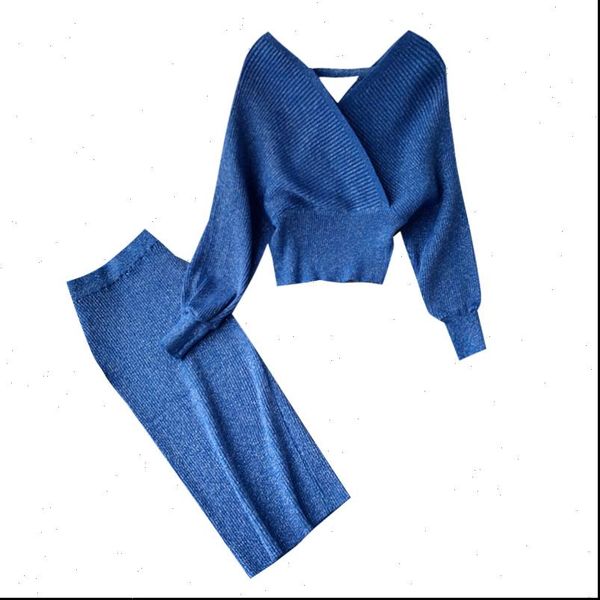 

women tracksuits womens high waist bright silk knit bag hip skirt two piece fashion v neck sweater bat sleeve sets, Gray
