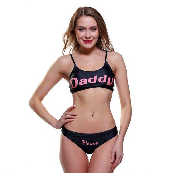 

piece swimwear women swimsuit come here daddy set letter printed bikini sleeveless summer harajuku feminino women's, White;black