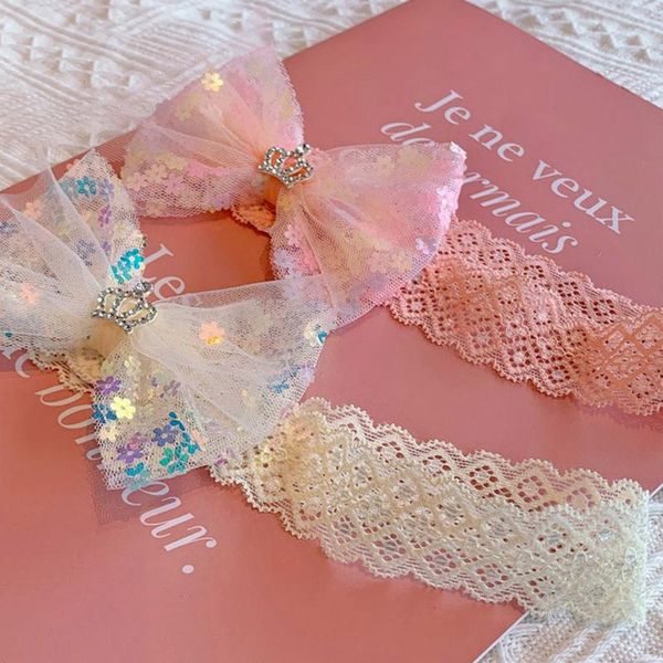 

1pc fashion lace gauze mesh lovely headband cute crown bows flower headwear for kids girls turban children hair accessories, Slivery;white