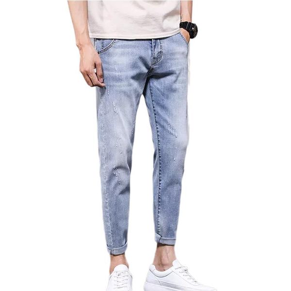 

men's ripped jeans spring and autumn slim-fit cropped trousers, Blue