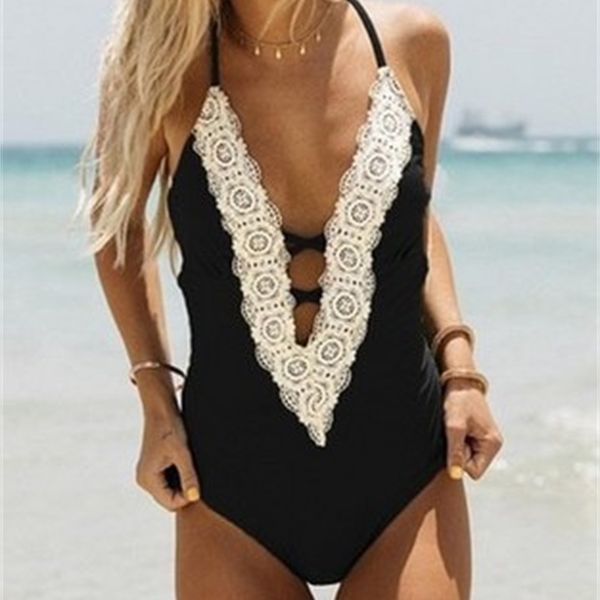 

women's bikini swimwear 2021 mesh deep v-ne open ba one-piece slim beach , White;black