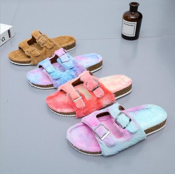 

autumn/winter metal double button plush warm slippers women's cork medium heel wool home lady ms sandals, Black