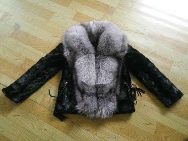 

women's fur & faux real genuine natural mink overcoat with very big sliver collar women luxury fashiion coat winter waistcoat, Black