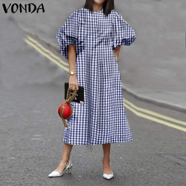 

casual dresses 2021 vonda summer women plaid dress stylish printed sundress puff sleeve loose midi vestidos holiday robe s-5xl 7iv, Black;gray