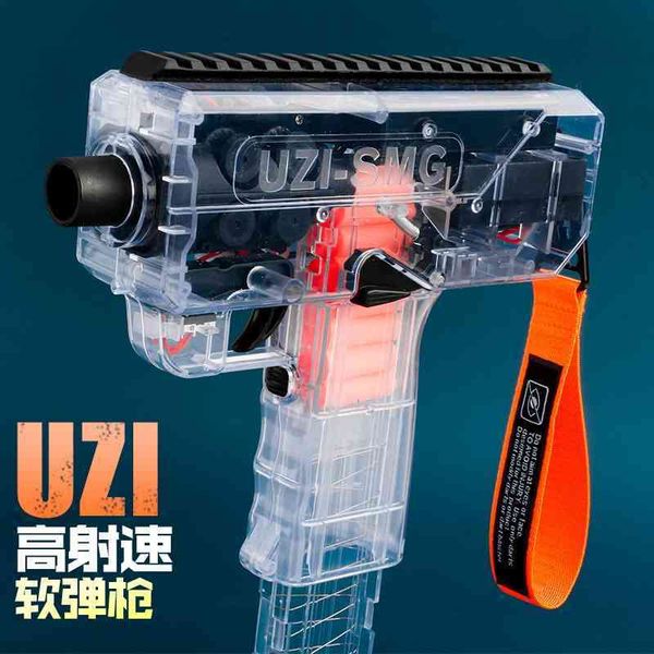 

uzi electric continuous firing soft bullet transparent simulation children's boy toy gun eating chicken mac launcher accessories