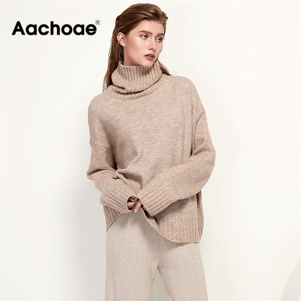 Aachoae Herbst Winter Frauen Gestrickte Rollkragen Wolle Pullover Casual Grundlegende Pullover Jumper Batwing Langarm Lose Tops 211103