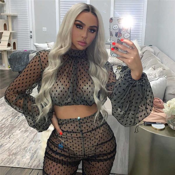 Donne Polka Dots Sheer Mesh Due pezzi Set Sexy See-through Lantern Sleeve Crop Top + Pantaloni a matita a vita alta Clubwear Abiti Y0625