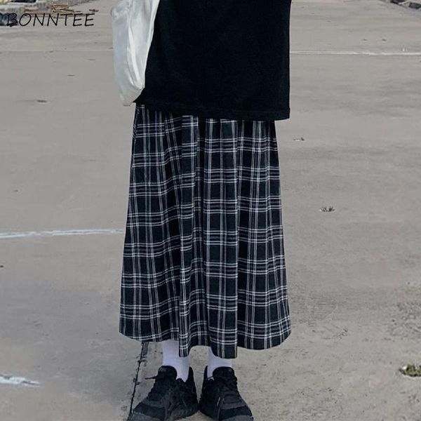 

skirts women black oversized harajuku preppy style teens plaid trendy 2021 autumn all-match mid-calf high waist tender