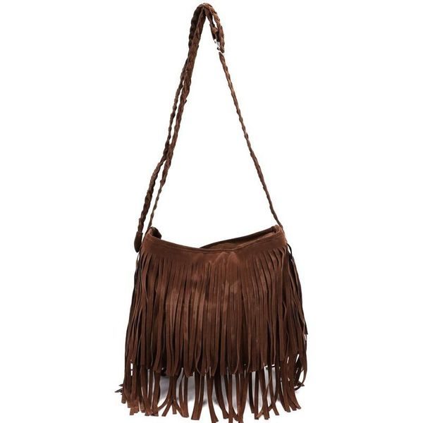 

fringe tassel faux suede shoulder messenger bag women handbag brown bags