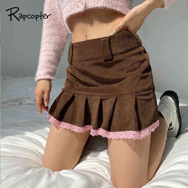 

rapcopter y2k pink lace patched skirts brown corduroy mini skirts harajuku pleated skirts women autumn winter vintage 90s, Black