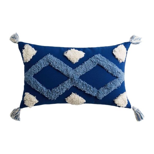 

pillow case 30x50cm boho morocco lumbar throw white blue geometric pattern woven tufted tassels rectangle cushion cover for