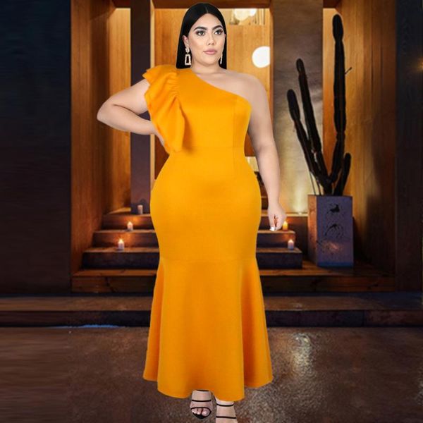 

plus size dresses dress women yellow one shoulder ruffle sleeve beading bodycon solid vintage elegant birthday party evening lady, Black
