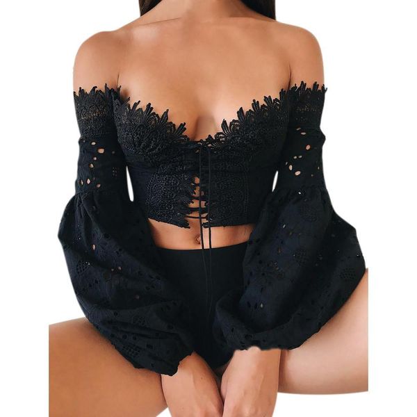 

fashion off shoulder women shirt long sleeve hollow lace loose spring summer, White
