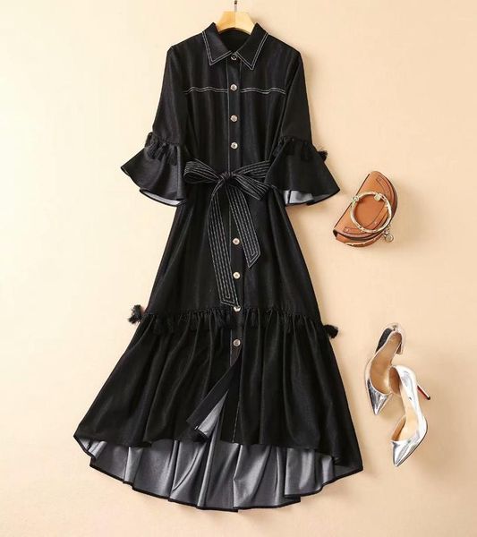 

party dresses est 2021 designer runway flare sleeve tassel decorated tencel denim dress, White;black
