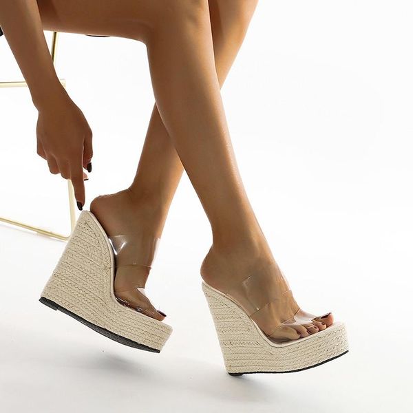 

slippers summer pvc transparent peep toe cane straw weave platform wedges sandals women fashion high heels female shoes, Black