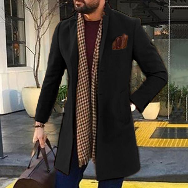 

men's wool & blends fashion business work coats 2021 autumn slim long outerwear sleeve casual male clothing overcoats plain, Black