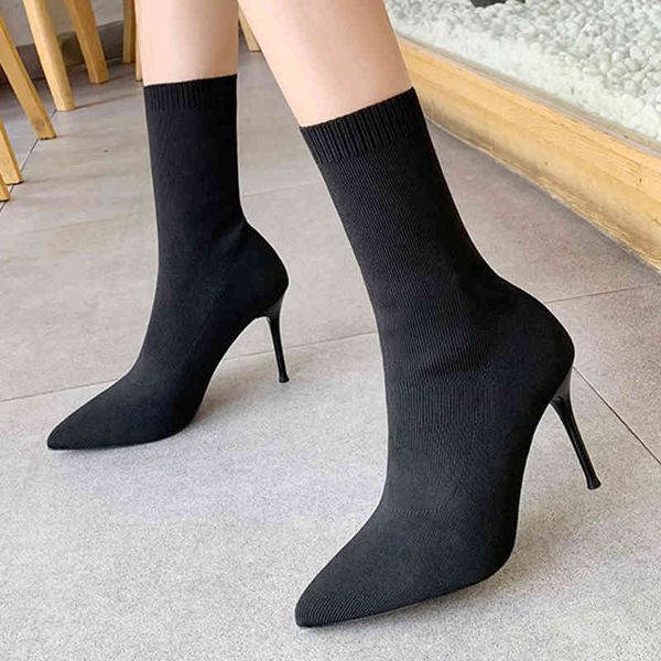 

dress shoes european and american autumn winter vibrato socks knit boots stiletto ankle ladies high heel single shoes pointed 8b7r, Black