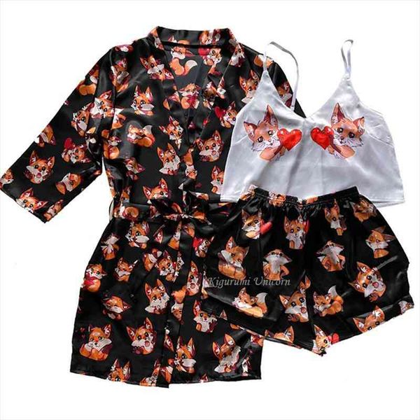 

3pcs satin silk pajamas sets women printed lingerie robes lace underwear sleepwear spring summer homewear, Black;red