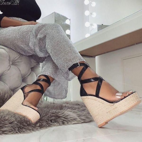 

european buckle wedge high heel sandals peep toe women shoes, Black