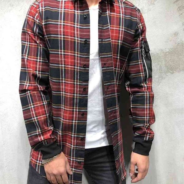 

new men's loose personalized arm zipper long sleeve plaid shirt, White;black