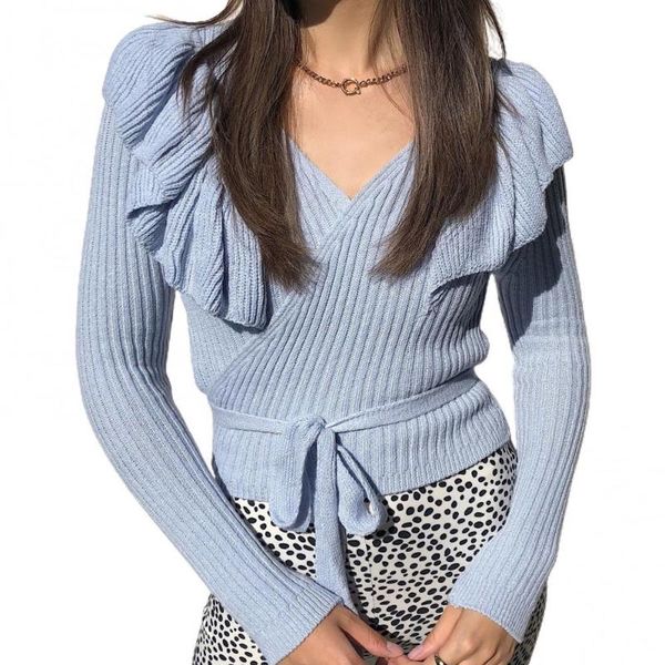 

spring/autumn women sweater fashion v neck long sleeve ruffles slim-fit knitted bandage pullover women's sweaters, White;black
