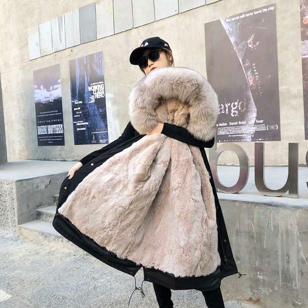 

women's fur & faux 2021 women winter jacket real coat hair liner long x-long thick warm natural collar parka out, Black