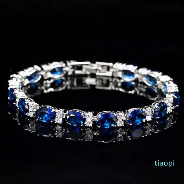 Jóias de luxo Brand New 925 Sterling Prata Oval Corte Azul Diamante Ruby Popular Women Wedding Bracelet para Amante Presente