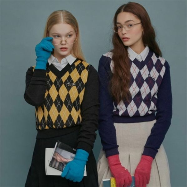 

argyle preppy style sweater pull femme women casual knitted v neck elgland pullovers autumn winter cropped 210427, White;black