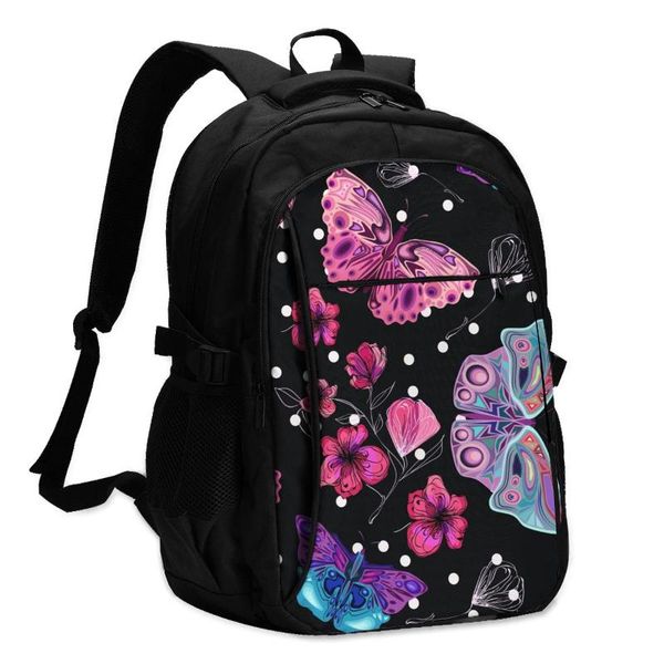 

backpack 2021 lapusb pink flower butterflies dark print travel male women leisure