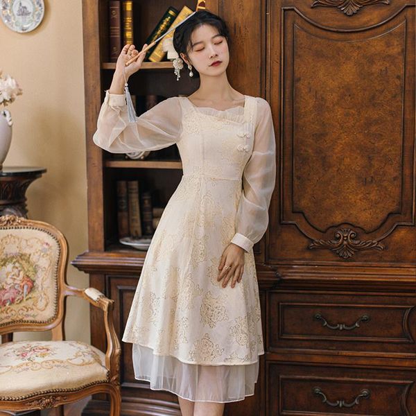 

casual dresses fall crochet hollow lace retro cheongsam vestido midi slim elegant ladies ruffled crossing square neck ruffle dress, Black;gray