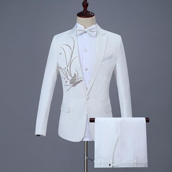 

men's suits & blazers 2 pcs set jacket trousers / 2021 fashion casual boutique business wedding host slim dress coat pants, White;black