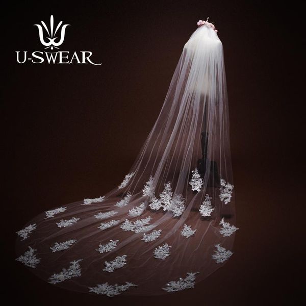 

bridal veils u-swear 2021 arrival appliqued flower lace wedding mantilla women long veil for dress cathedral, Black
