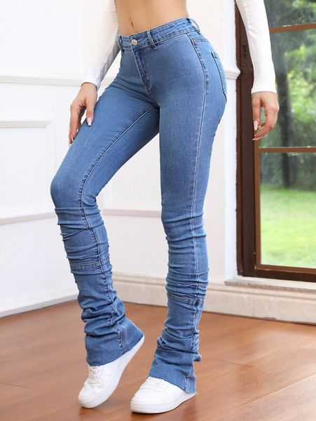 

solid ruched skinny jeans f4ys#, Blue