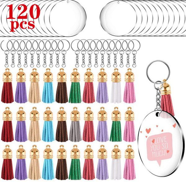 

120pcs acrylic keychain blank 2 inch clear circle discs with hole tassel pendant key rings bag ornament for diy craft supplies kimter-w38f, Silver