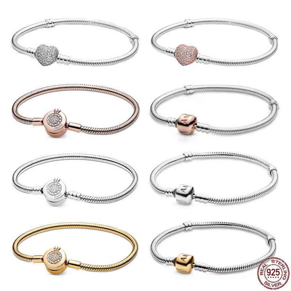 

genuine 925 sterling silver crown snake bone bracelet heart-shaped family tree fits pandora charm diy making jewelry, Golden;silver