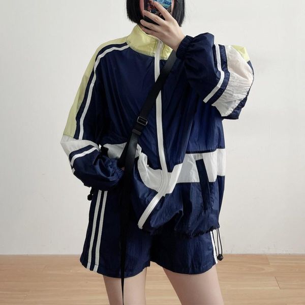 

women's tracksuits 2021 autumn women two piece set turn down collar long sleeve loose oversize zipper jacket high waist shorts sports c, Gray