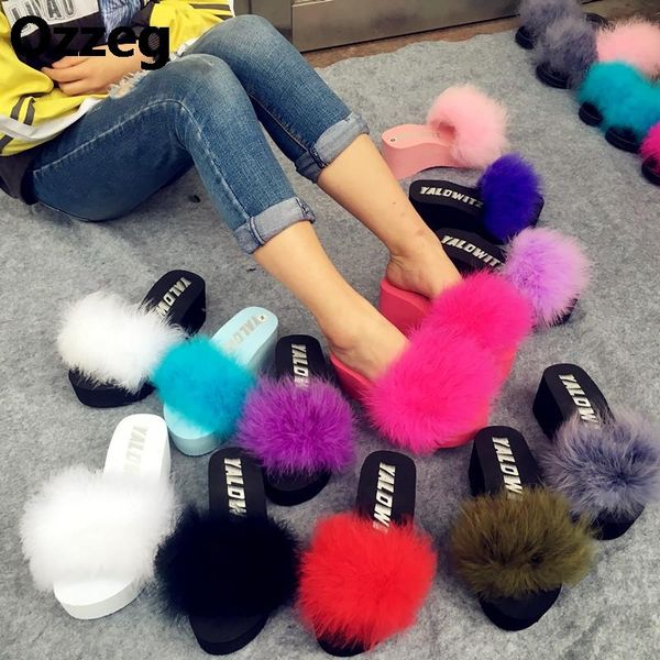 

fur furry slide sweet ostrich feather thick bottom beach female sandals hair flip flops women home slippers fenty playform soft, Black