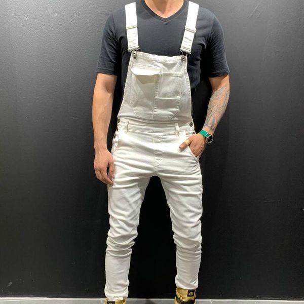 

men's jeans fashion men overalls safari style white denim pants slim fit pencil pant full length trousers male working clothes 8nm9, Blue