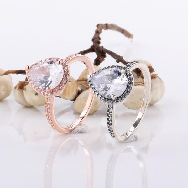 

cluster rings authentic s925 sterling silver valentine's day teardrop ring with crystal original jewelry, Golden;silver