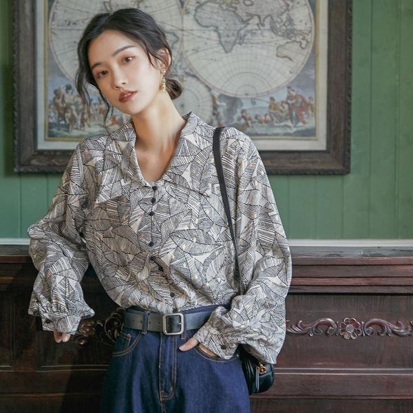 

bronzing shirt female leaf retro korean loose shirt long sleeve elegant blusa mujer plus size causal streetwear shirts 210416, White