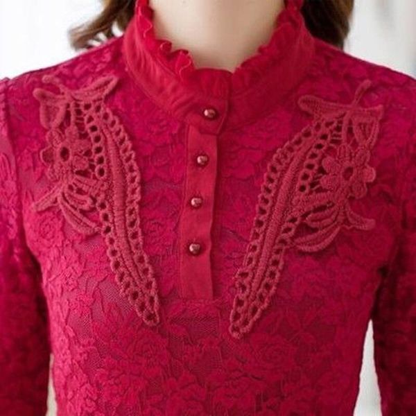 

women's blouses & shirts 2021 fashion women lace long sleeve shirt office lady stand collar blusas femininas female blouse y739, White